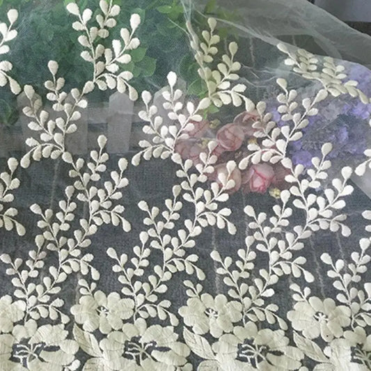 White Embroidered Lace Fabric 1 Yard Floral Mesh Lace Trim for Dress Sewing Wedding DIY Garment Decor