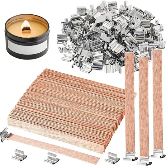 Wooden Candle Wicks with Metal Clips Natural Wood Wick Cores for DIY Soy Wax Candle Making