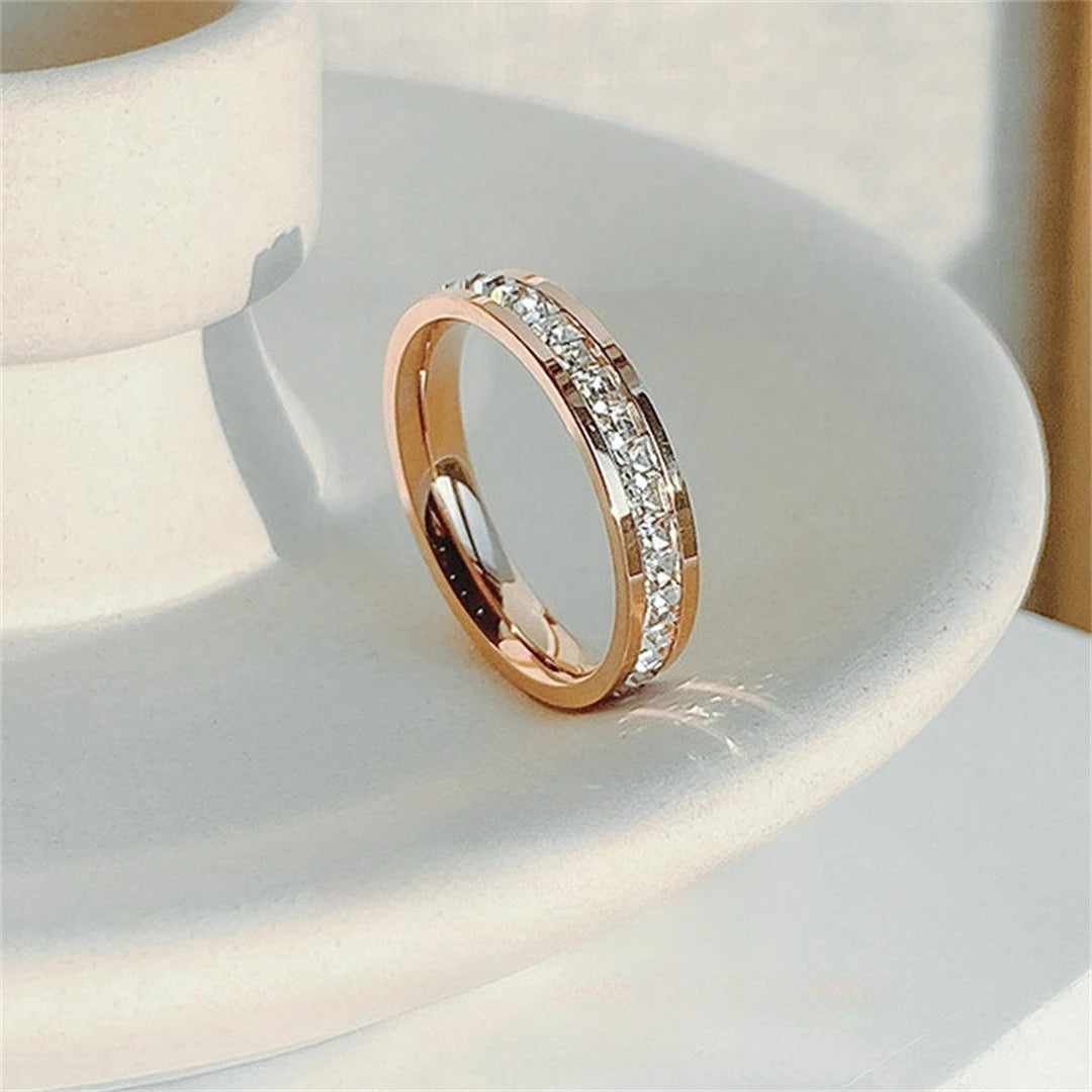 Elegante Roségouden Dubbele Rij Vierkante Zirkonia RVS Ring – Romantische Sieraden voor de Verloving en Bruiloft van Vrouwen