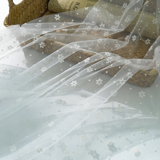 Flower Flocked Tulle Fabric 145x100cm Soft Mesh Fabric for Bridal Veil Princess Dress Doll Skirt Sewing Material