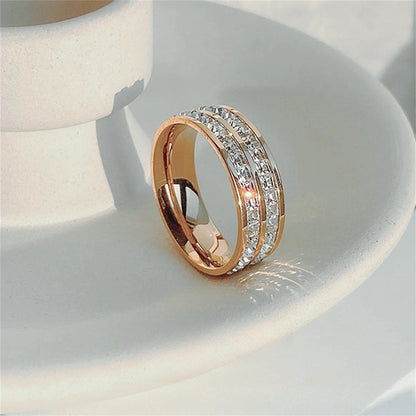 Elegante Roségouden Dubbele Rij Vierkante Zirkonia RVS Ring – Romantische Sieraden voor de Verloving en Bruiloft van Vrouwen
