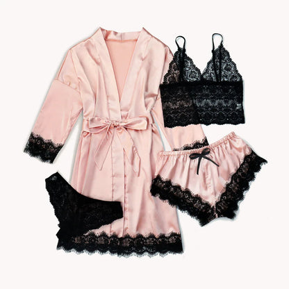 Chique 4-delige vrouwen satijnen pyjama set - Bloemenkant trim cami, shorts en luxueuze ochtendjas voor stijlvolle nachtmode in roze