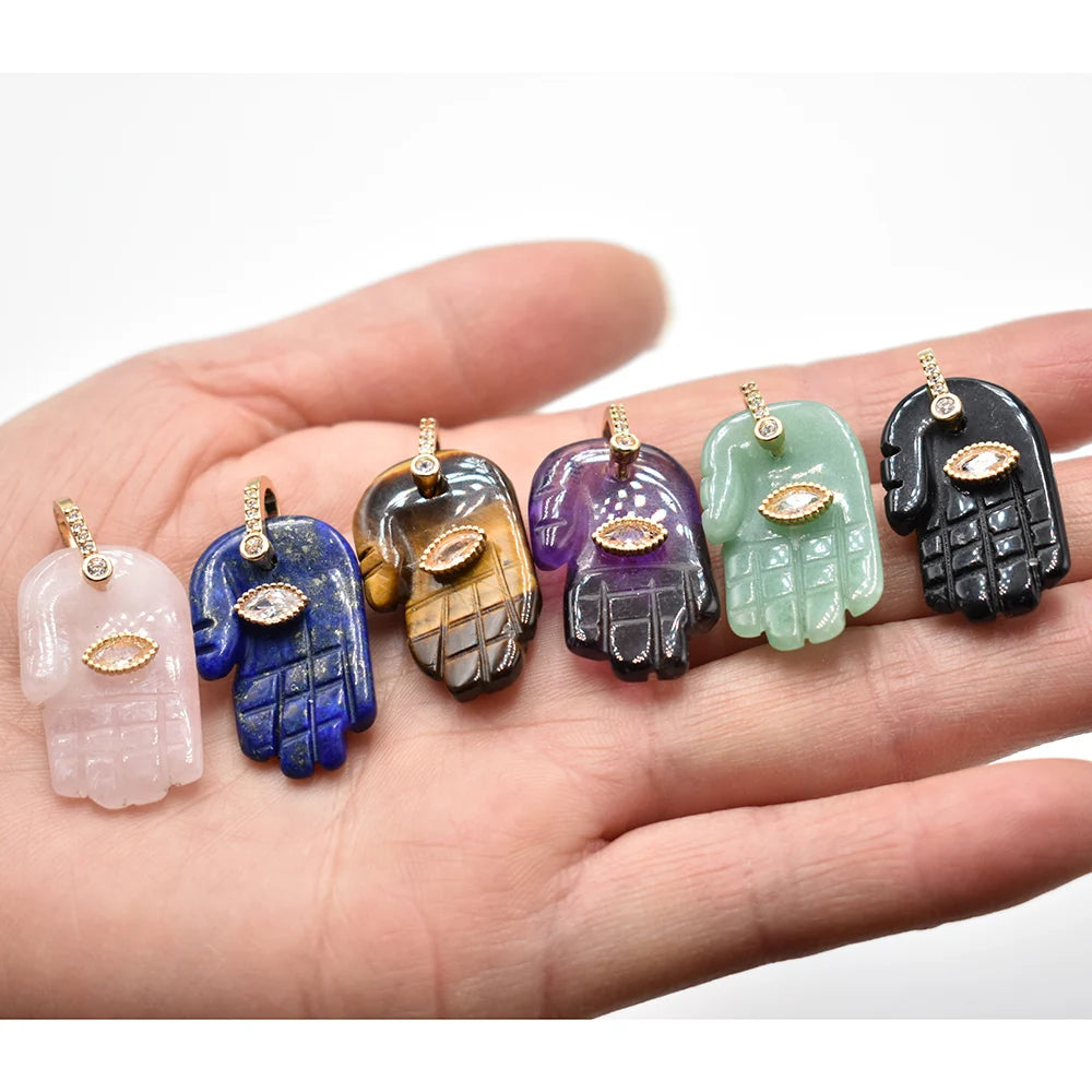 Natural Stone Hamsa Hand Charms 6pcs Carved Amethyst Rose Quartz Palm Pendants for Jewelry Making DIY Necklace Supplies