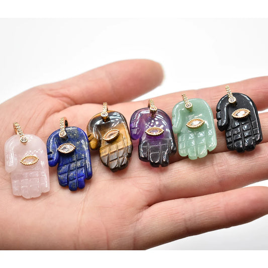 Natural Stone Hamsa Hand Charms 6pcs Carved Amethyst Rose Quartz Palm Pendants for Jewelry Making DIY Necklace Supplies