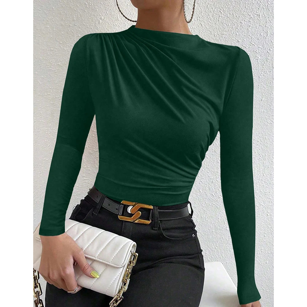 Verhoog je herfstgarderobe: Mia Muse Dames Stijlvolle Rimpel Lange Mouw Crewneck T-Shirts