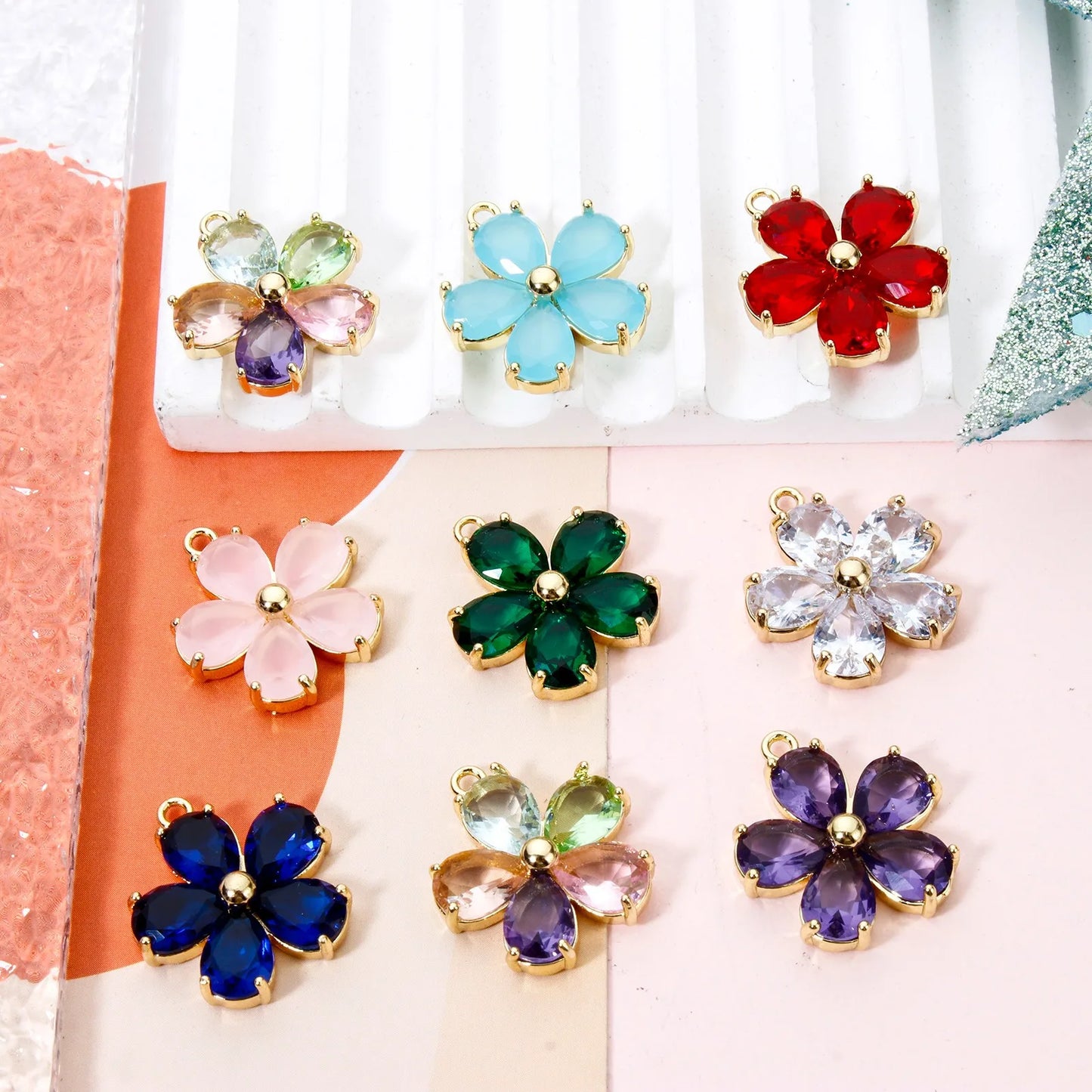 Glass Flower Charm 18K Gold Plated Brass Jewelry Making Supply