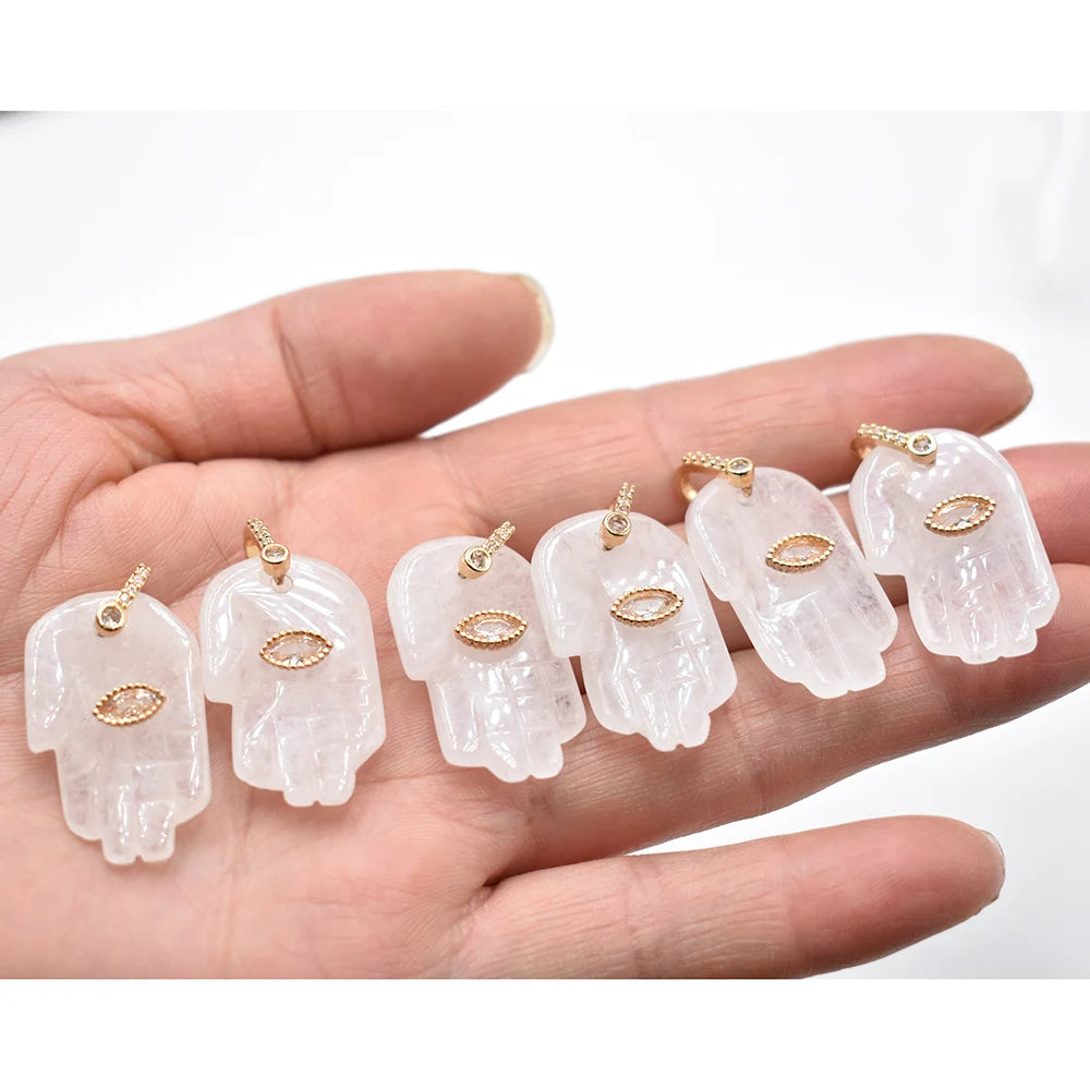Natural Stone Hamsa Hand Charms 6pcs Carved Amethyst Rose Quartz Palm Pendants for Jewelry Making DIY Necklace Supplies
