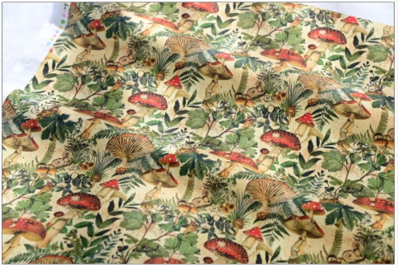 Mushroom Print Cotton Fabric Nordic Botanical Pattern for Sewing Bags Quilting DIY Crafts by Meter