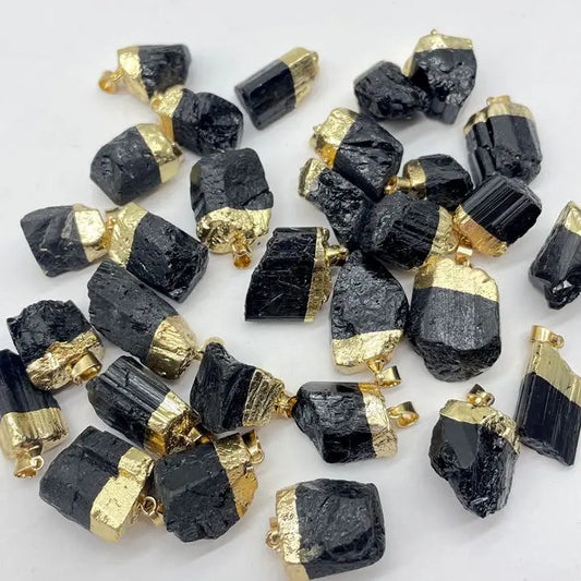 New Natural Gem Stone Black Raw Ore Tourmaline Gilt Irregular Shape Pendant Reiki Healing Energy Jewelry Making Necklace 12pcs