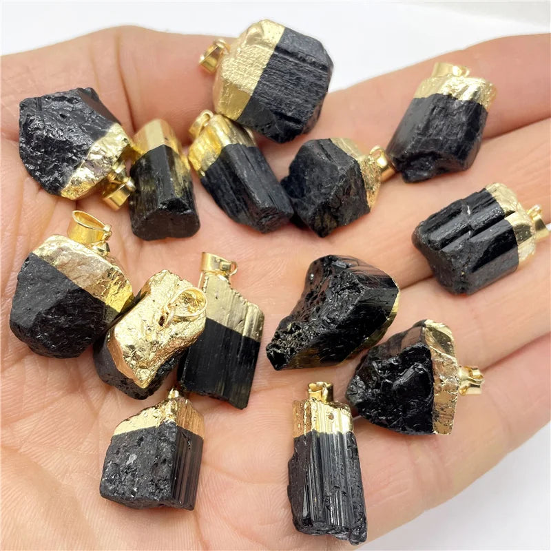 Raw Black Tourmaline Pendant Set 12pcs Natural Crystal Charm Gold Edge Irregular Stone for Jewelry Making Reiki Supplies