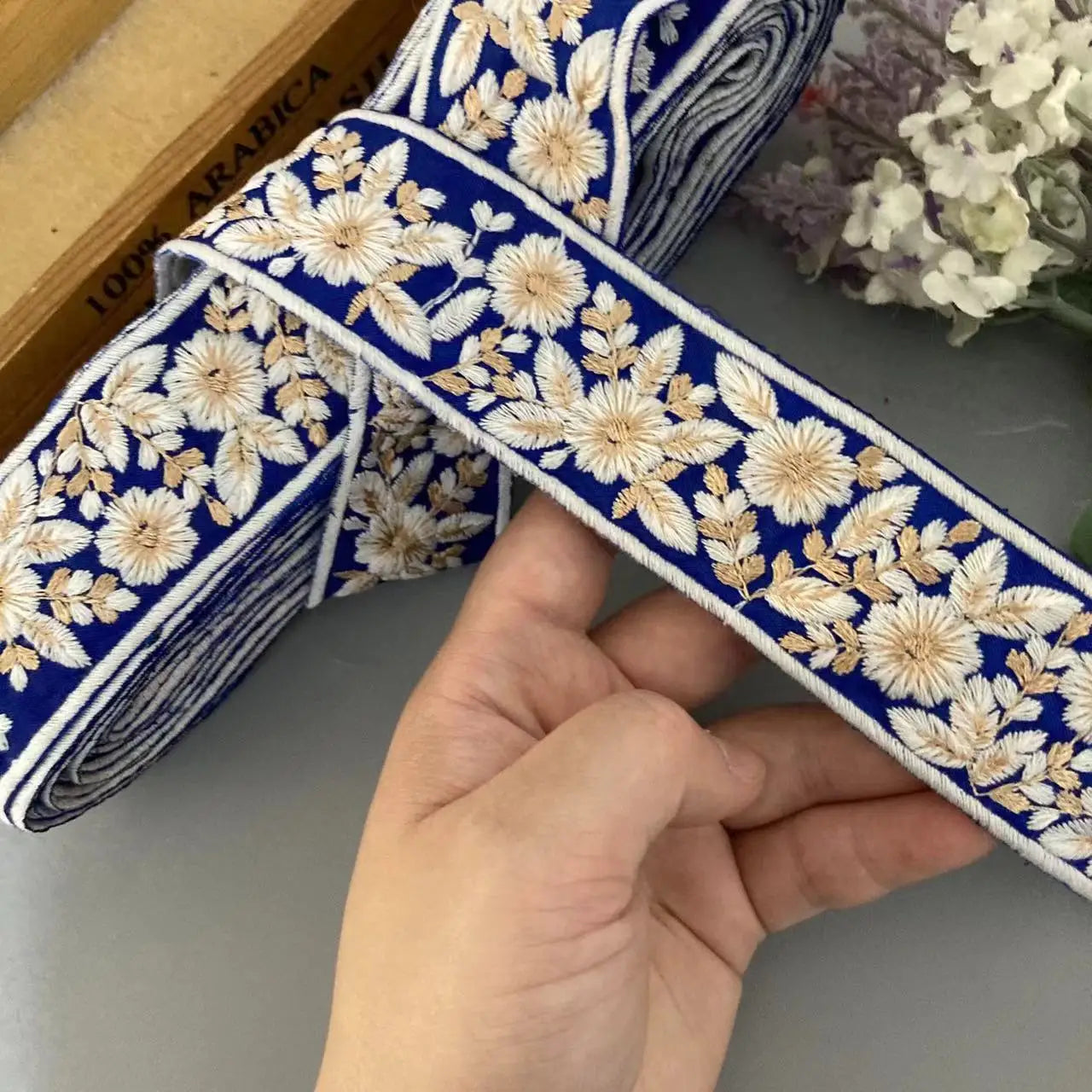 Blue Gold Embroidered Lace Trim 3.6cm Wide Ethnic Style Ribbon Sewing Trim for Clothing Hair Accessories