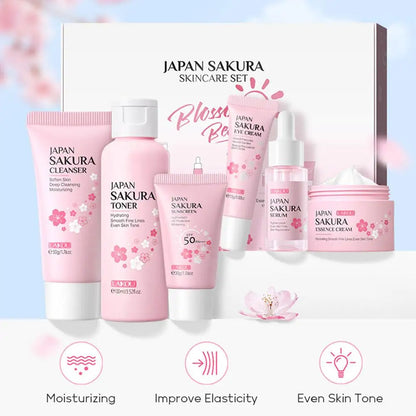 Compleet 6-delige Sakura Huidverzorgingsset: Luxe Gezichtscrème, Serum, Tonic, Reinigingsmiddel, Zonnebrandcrème en Oogcrème in een prachtige Cadeaubox