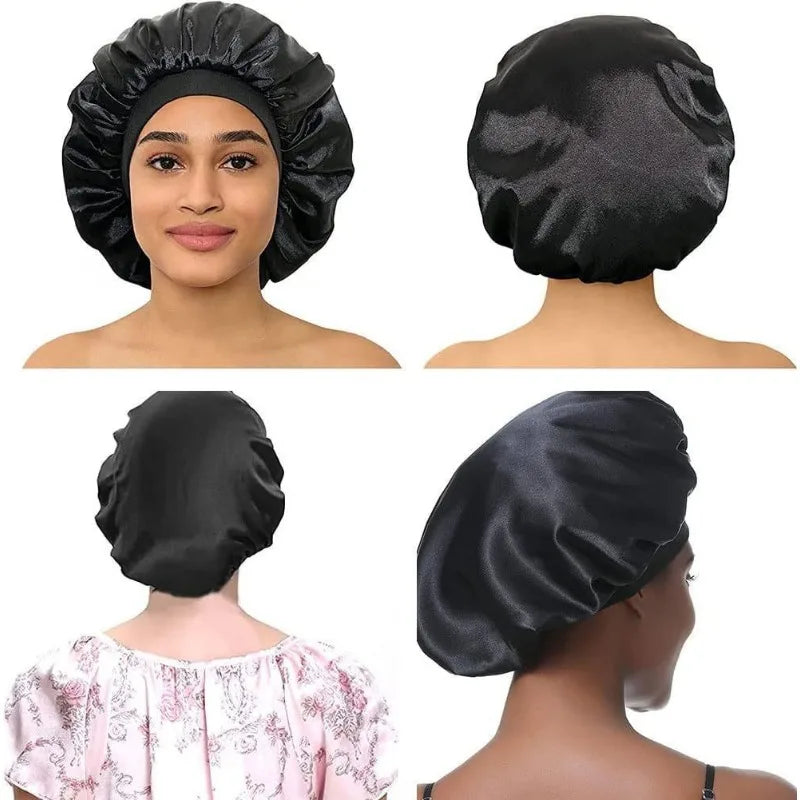 Bonnet Sleeping Cap Nightcap High Elastic Wide Brim Satin Night Hat Shower Silky Bonnet Hair Cover Wrap for Women Man Sleep Cap