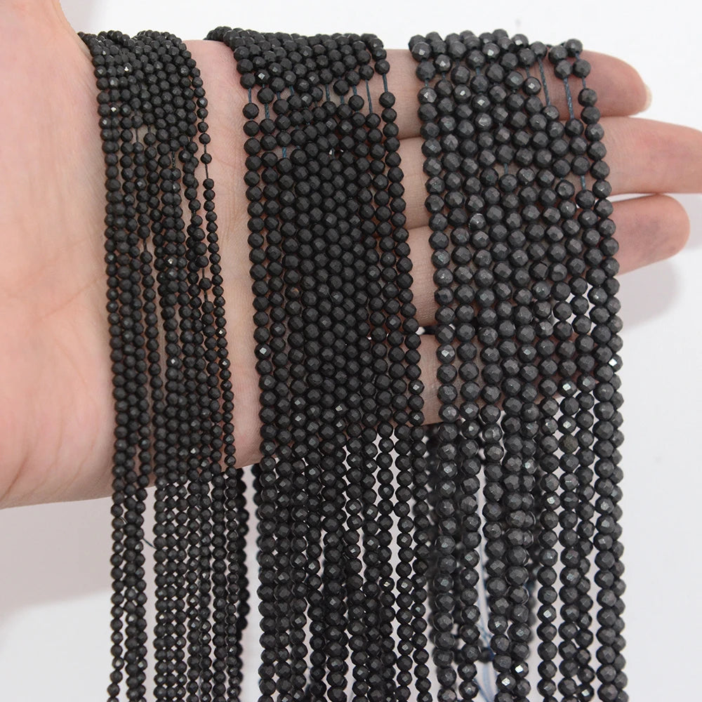 Natural Shungite Faceted Round Beads 2mm 3mm 4mm 15 Inch Strand Genuine Matte Black Gemstone for Jewelry Making