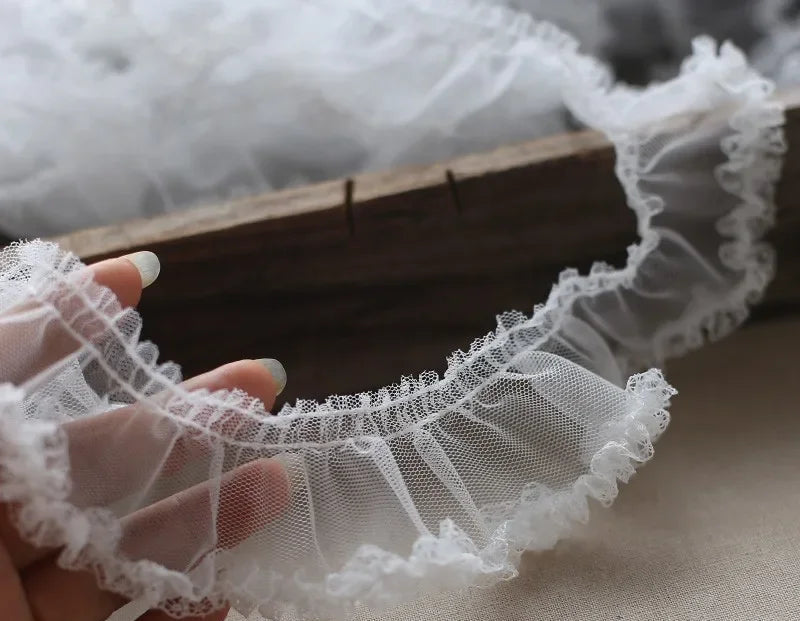 White Ruffle Lace Trim 5cm Pleated Embroidered Mesh Fabric Sewing Trim for Wedding Garment DIY Crafts