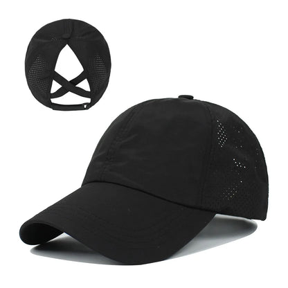 Chic Zomer Effen Baseball Cap voor Vrouwen - Stijlvolle Athleisure Cross Ponytail Hoed met Sneldrogend Gaas Visor