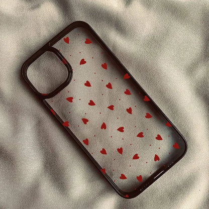 Chic Roze Hart Telefoonhoesje voor iPhone 14 Pro Max, 15, 13, 16, 12 Mini, 11, XR, XS, X en 7 Plus - Schattige Zwarte Transparante Harde Hoes