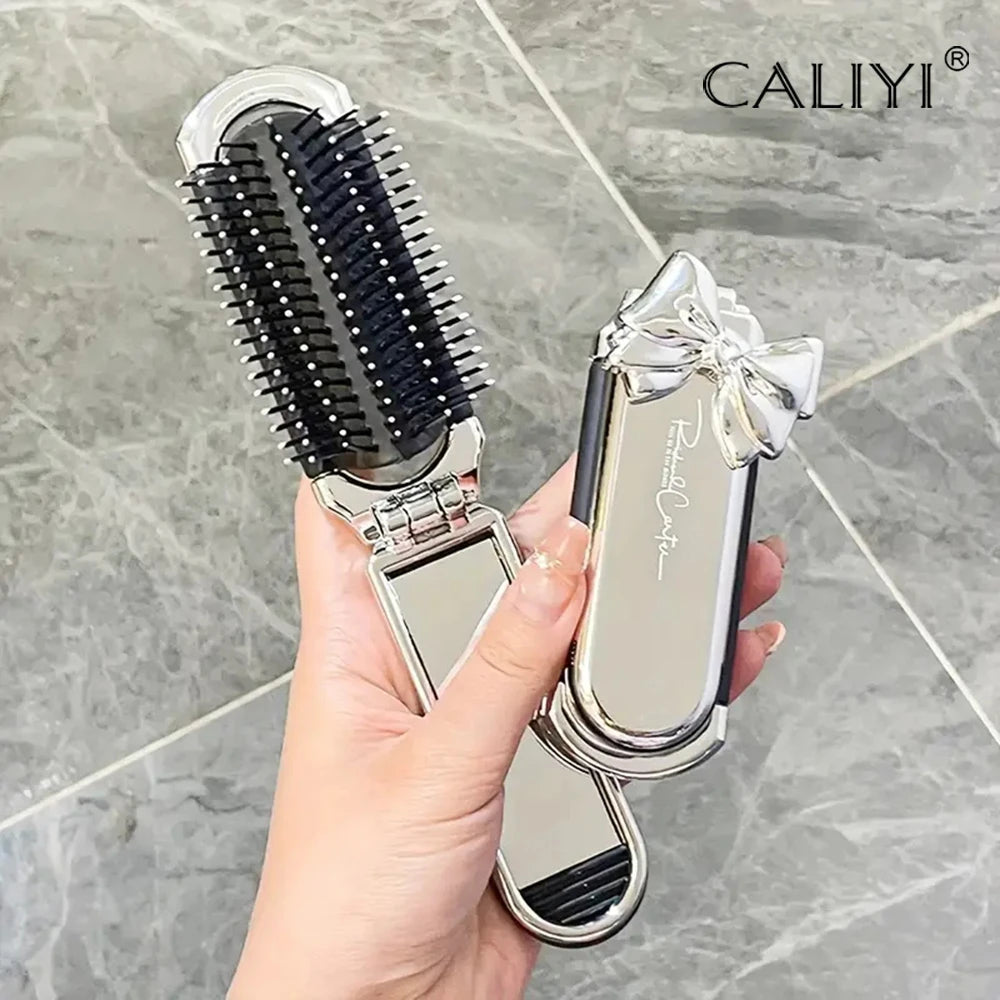 CALIYI Draagbare Mini Vouwbare Haarborstel met Spiegel - Perfect voor Reizen, Salon en Buitenstyling!
