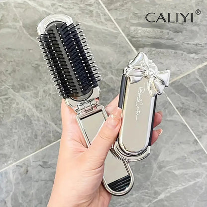 CALIYI Draagbare Mini Vouwbare Haarborstel met Spiegel - Perfect voor Reizen, Salon en Buitenstyling!