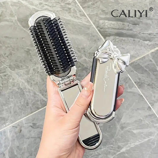 CALIYI Draagbare Mini Vouwbare Haarborstel met Spiegel - Perfect voor Reizen, Salon en Buitenstyling!