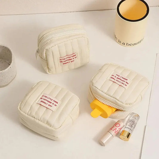 Chic Minimalistische Katoenen Make-up Tas - Crème met Rode Accent, Eco-vriendelijk Zero Wallet Ontwerp