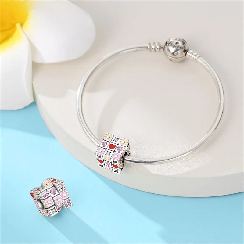 925 Sterling Silver Puzzle Charms Bead with Zircon Inlay DIY Bracelet Pendant Jewelry Making Supplies