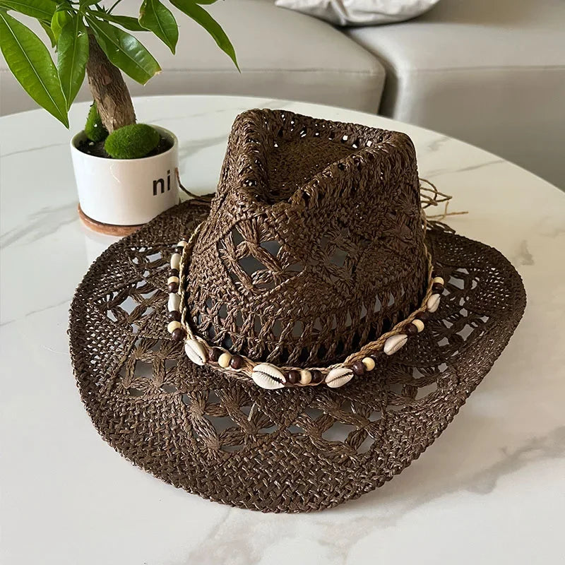 Stijlvolle Vintage Boheemse Strohoed met Houten Kralen - Perfect voor Zomerse Stranddagen en Westerse Avonturen!