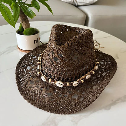 Stijlvolle Vintage Boheemse Strohoed met Houten Kralen - Perfect voor Zomerse Stranddagen en Westerse Avonturen!