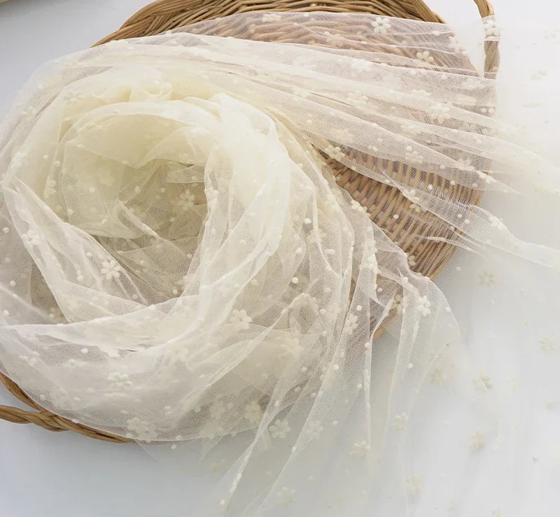 Flower Flocked Tulle Fabric 145x100cm Soft Mesh Fabric for Bridal Veil Princess Dress Doll Skirt Sewing Material