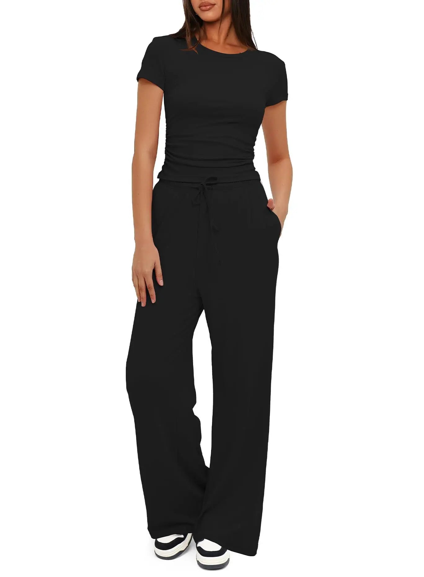 Stijlvolle Dames Twee-delige Set: T-shirt en Wijde Broek met Hoge Taille - Perfect voor Yoga, Sport en Casual Wear in Levensgrote Kleuren!