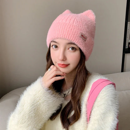 Schattige Kattenoor Gebreide Beanie - Gezellige Neppelzen Wintermuts voor Vrouwen, K-Pop Geïnspireerde Snoepkleuren voor Trendy Streetwear!