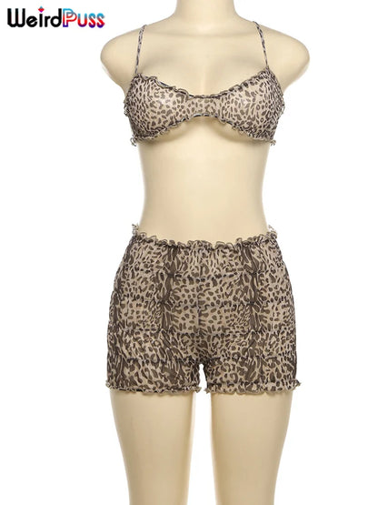 Chic Luipaardprint 2-delige Dames Set – Sexy Transparante Ruffle Camisole & Shorts voor Moeiteloze Zomerstijl en Vakantiegevoel!
