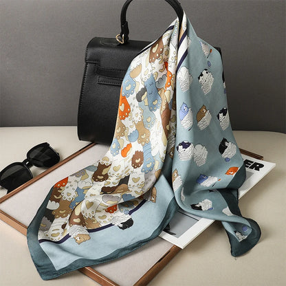 2024 Elegante Zijden Kattenprint Sjaal - Stijlvolle Hoofddoek & Sjaaltje voor Vrouwen - Luxueuze Satijnen Vierkante Sjaal & Multifuntionele Hijab Bandana