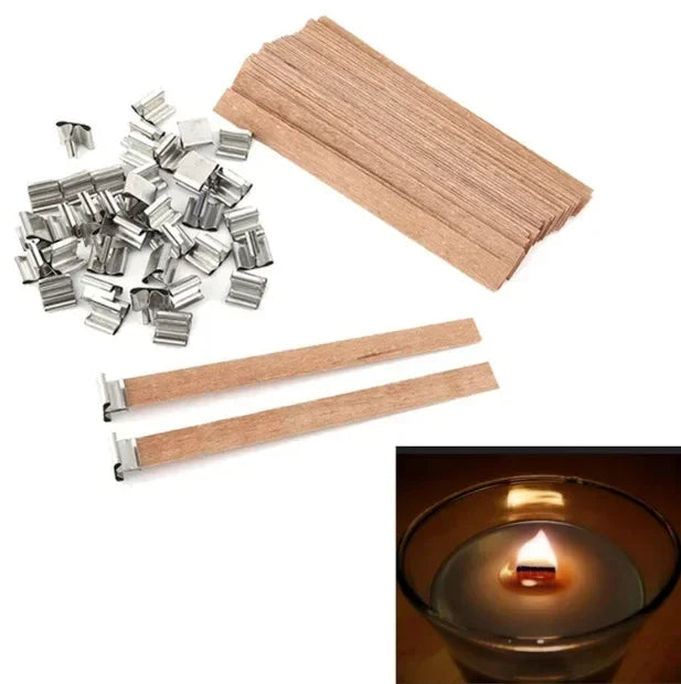 Wooden Candle Wicks with Metal Base Holders Flat Wood Wick Cores for DIY Soy Wax Candle Making