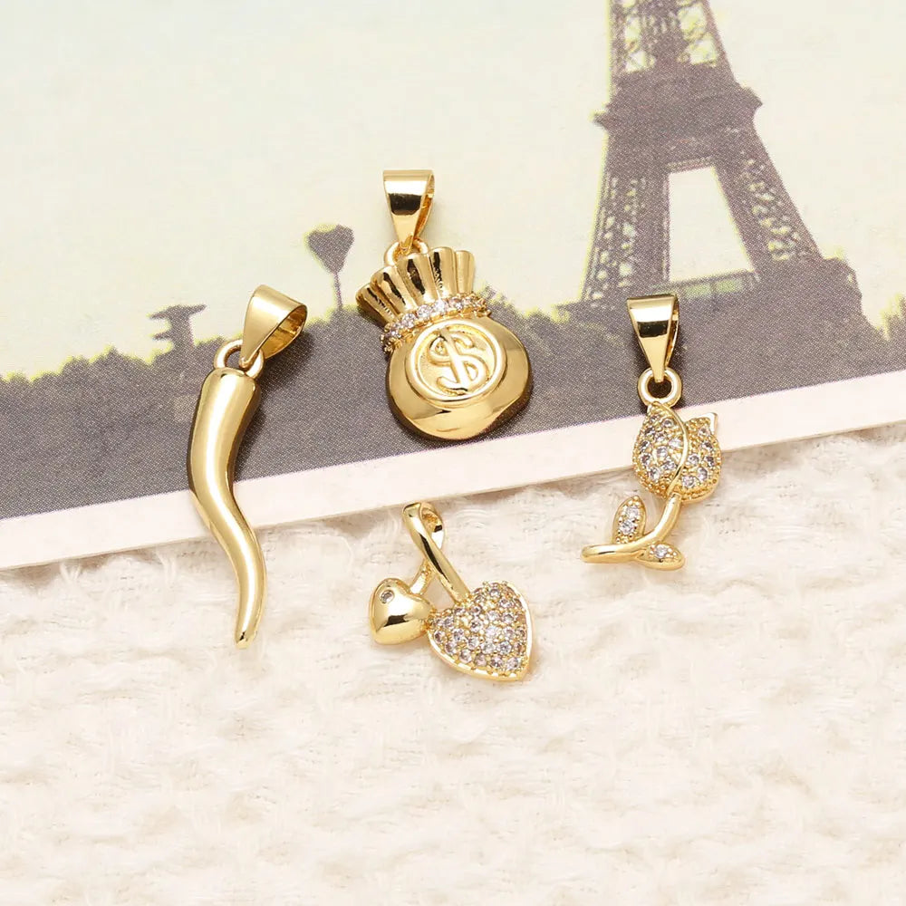 Gold Plated CZ Charms Rose Heart Money Bag Chili Pendants Copper DIY Bracelet Jewelry Making Supplies