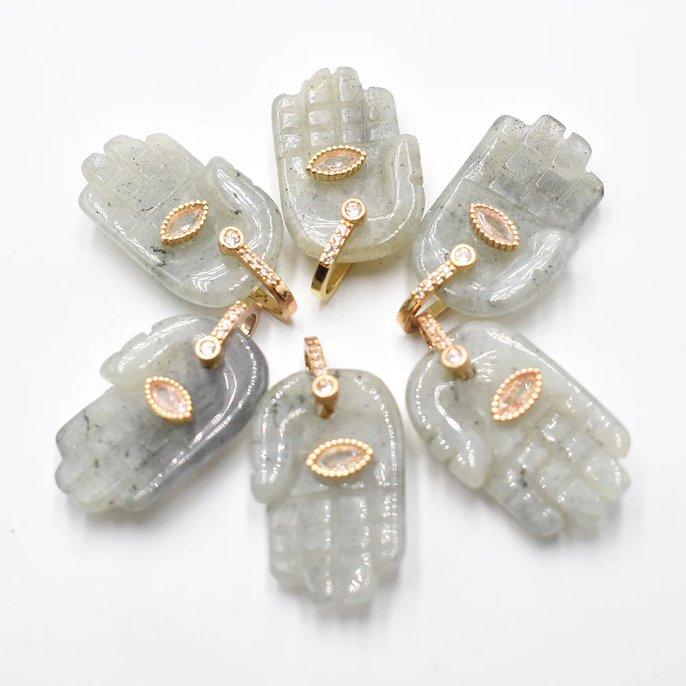 Natural Stone Hamsa Hand Charms 6pcs Carved Amethyst Rose Quartz Palm Pendants for Jewelry Making DIY Necklace Supplies