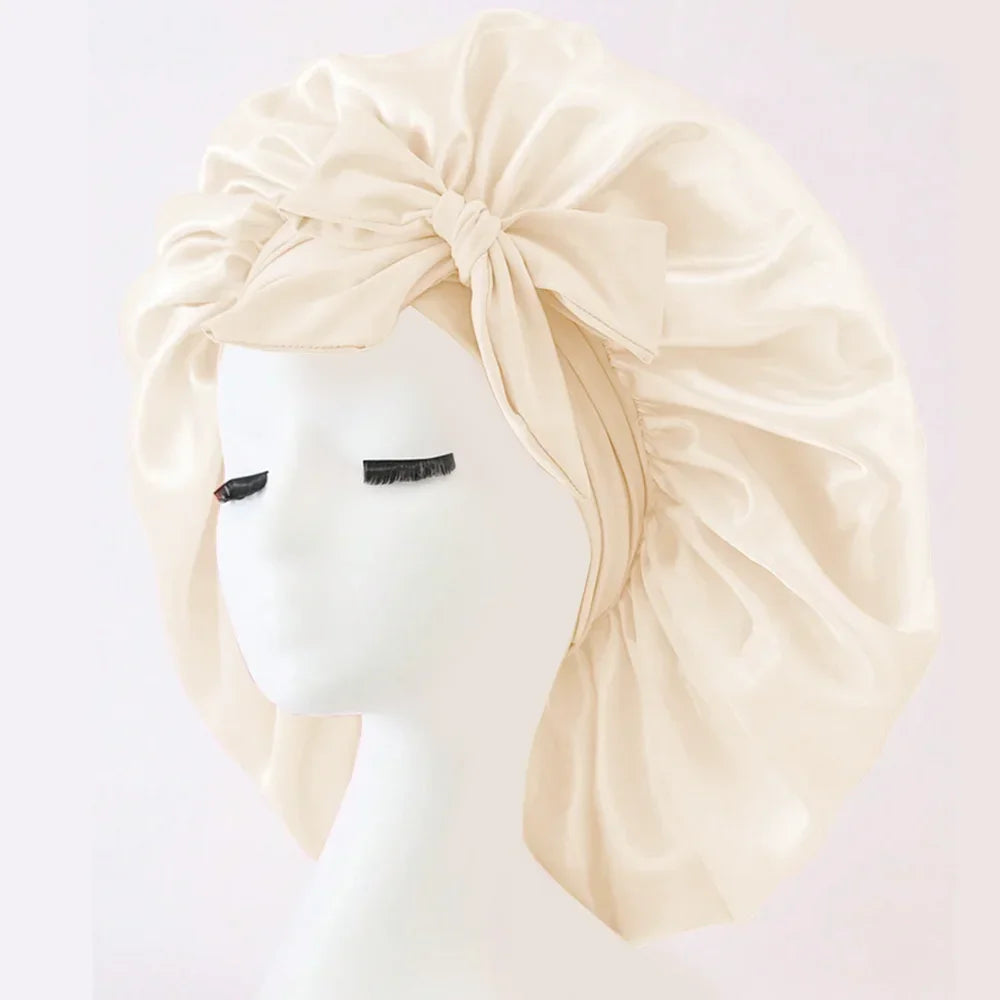Satin Silk Hair Bonnet Adjustable Tie Band Wide-brimmed Night Sleeping Bathing Hat Bonnet for Women Unisex Protective Headwear