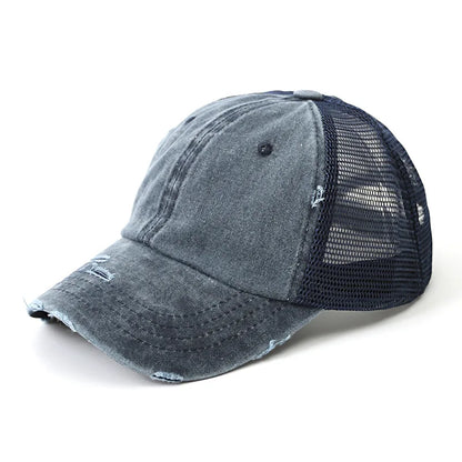 Chic Vintage Paardenstaart Baseballcap voor Dames - Verstelbare Snapback Mesh Zomerhoed met Versleten Afwerking