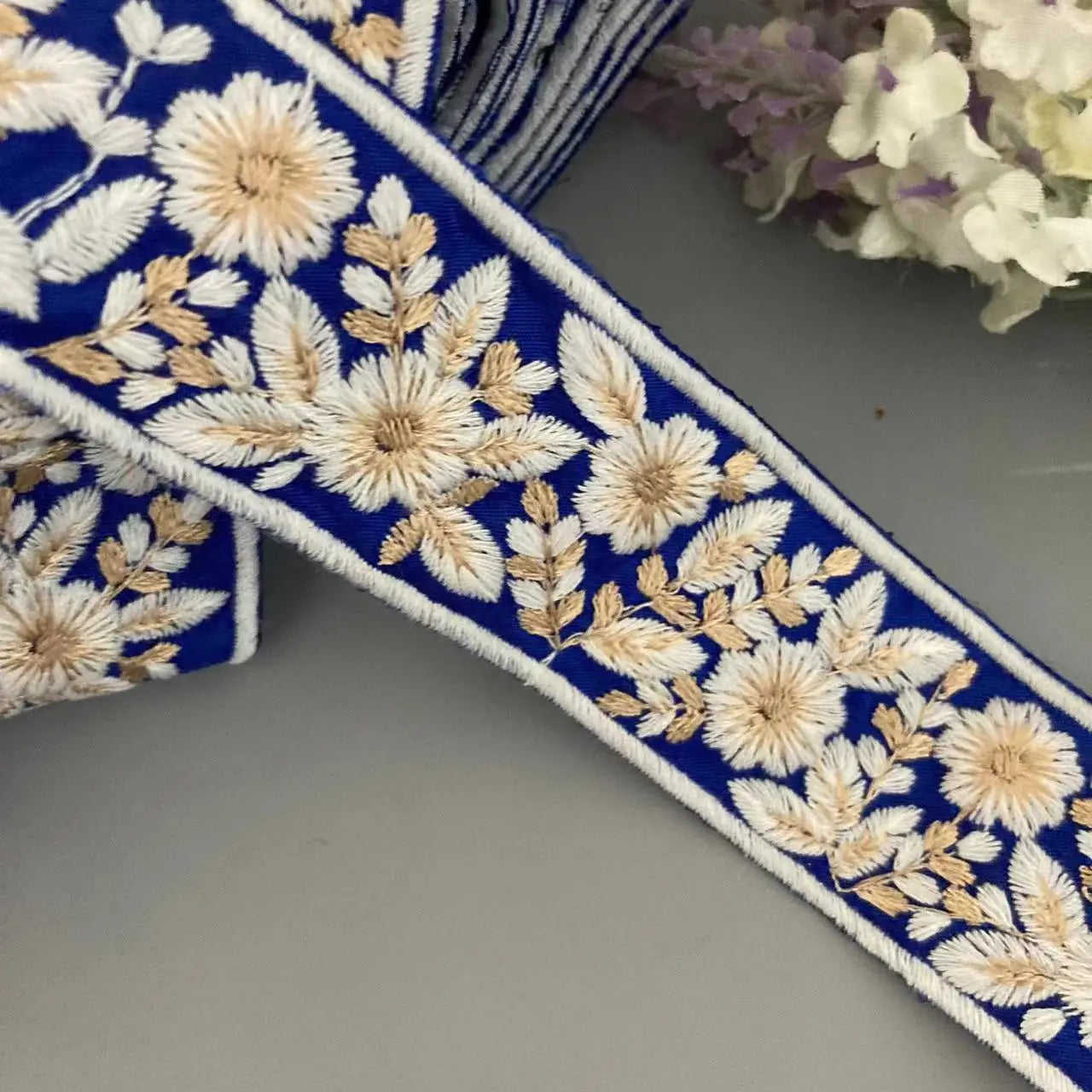 Blue Gold Embroidered Lace Trim 3.6cm Wide Ethnic Style Ribbon Sewing Trim for Clothing Hair Accessories