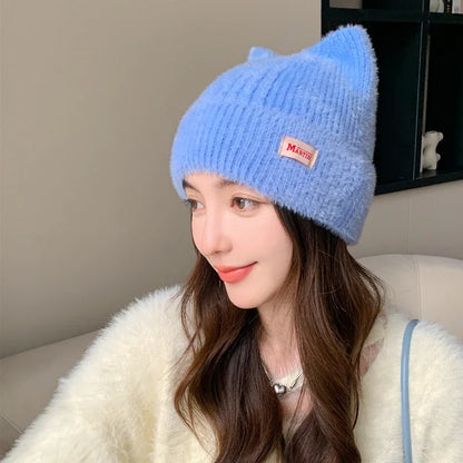 Schattige Kattenoor Gebreide Beanie - Gezellige Neppelzen Wintermuts voor Vrouwen, K-Pop Geïnspireerde Snoepkleuren voor Trendy Streetwear!