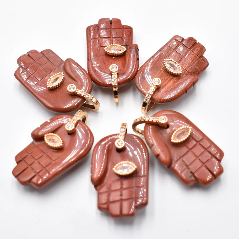 Natural Stone Hamsa Hand Charms 6pcs Carved Amethyst Rose Quartz Palm Pendants for Jewelry Making DIY Necklace Supplies