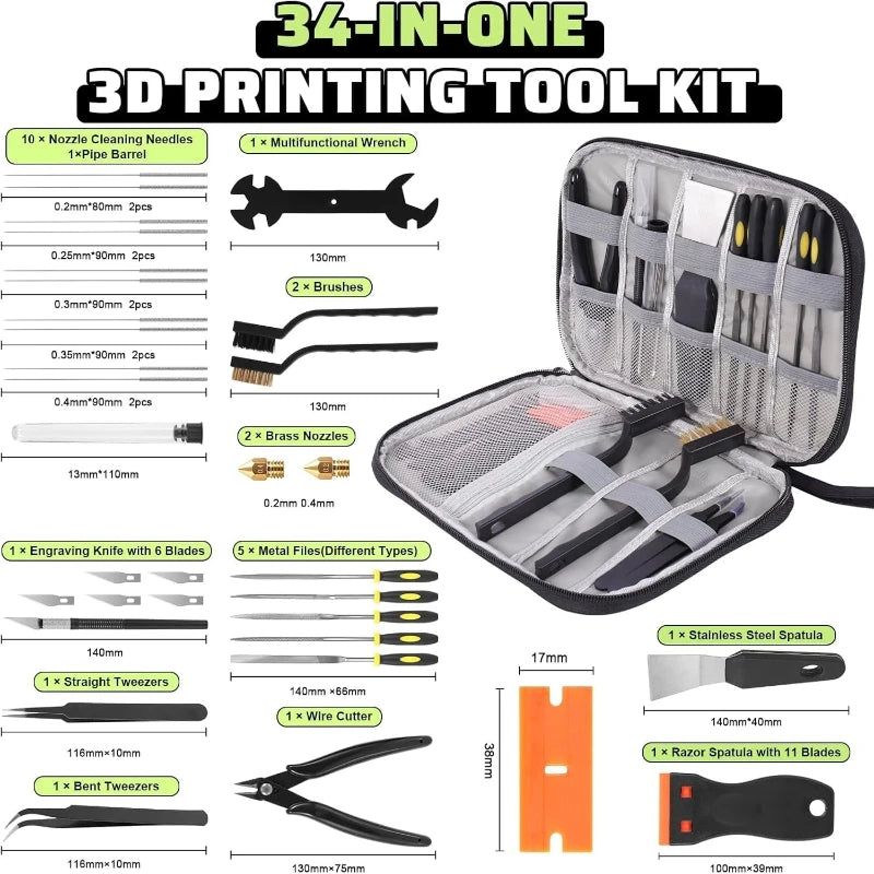 34pc 3D Printer Tool Kit Nozzle Cleaning Needles Scraper Tweezers Wire Cutter Files 3D Print Finishing Tools for FDM SLA