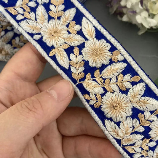 Blue Gold Embroidered Lace Trim 3.6cm Wide Ethnic Style Ribbon Sewing Trim for Clothing Hair Accessories
