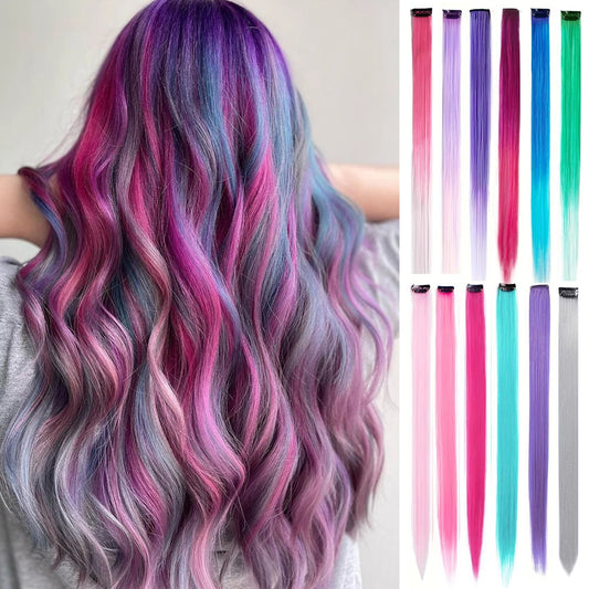 Levendige 6-Pack Gekleurde Haarverlengingen Clips voor Meisjes – 22 Inch Rechte Synthesemend Highlights voor Feestplezier!