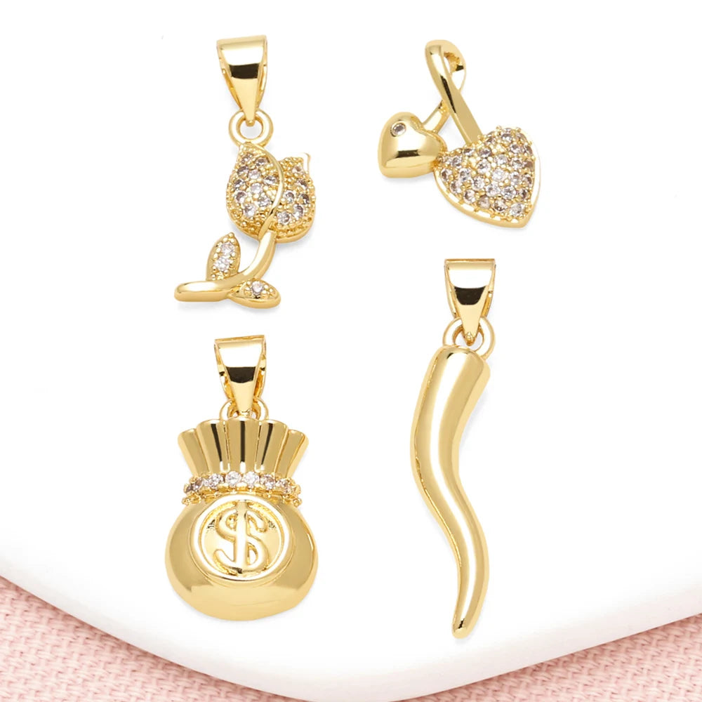Gold Plated CZ Charms Rose Heart Money Bag Chili Pendants Copper DIY Bracelet Jewelry Making Supplies