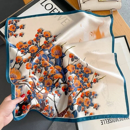 Chic 2025 Lente & Herfst Imitatie Zijde Sjaal voor Vrouwen - 70cm Gedrukt Vierkant Ontwerp, Veelzijdige Zachte Haarband & Sjaal Wikkel, Perfecte Hijab Accessoire!