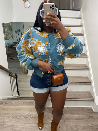 Chic Sibybo 3D Bloem Katoenen Ribbels Gebreide Cardigan - Stijlvolle Enkel-Breasted Trui voor Vrouwen - Perfect voor Casual Winterlooks