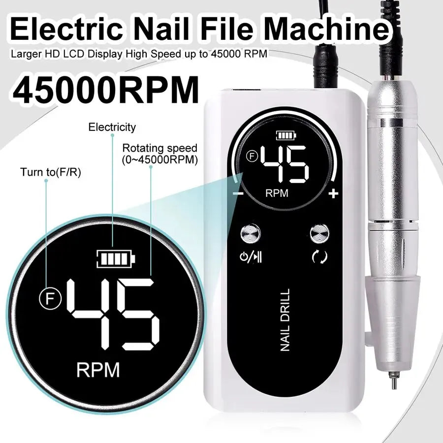 Hoge snelheid 45000RPM oplaadbare elektrische nageldrillmachine – Perfecte geluidsarme manicure tool voor professionals en salons