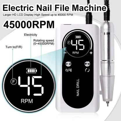 Hoge snelheid 45000RPM oplaadbare elektrische nageldrillmachine – Perfecte geluidsarme manicure tool voor professionals en salons