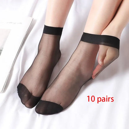 10 Paar Stijlvolle Transparante Zwarte en Huidskleurige Zijden Enkel Sokken voor Vrouwen - Perfect voor Zomer Mode!